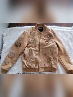 EUC Reason Tan Embroidered Varsity Jacket with Tiger Patch